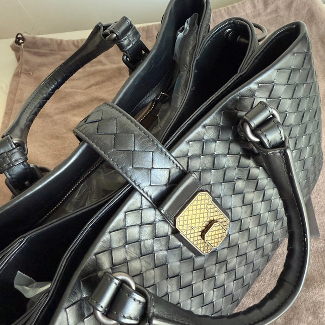 Bottega Veneta Roma Handbag Intrecciato Nappa Leather Black Small 30cm