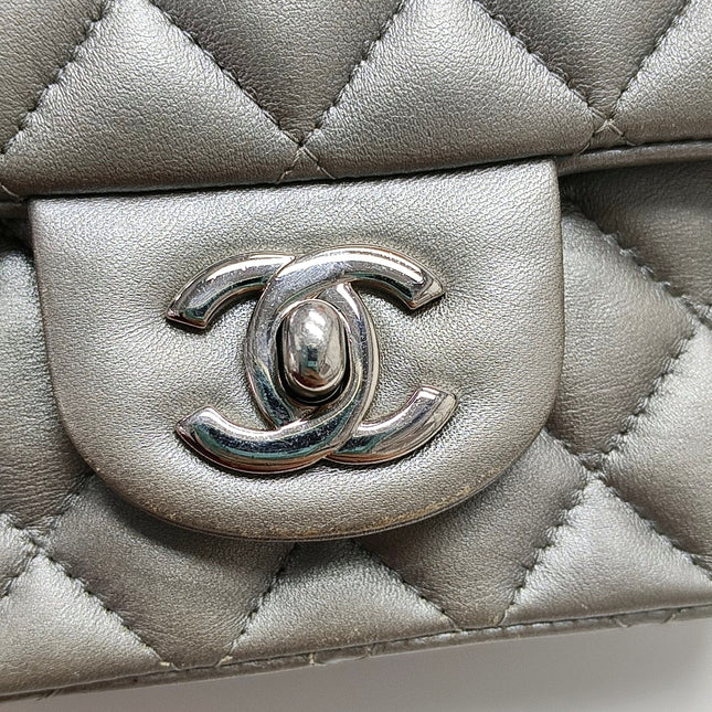Chanel Classic Flap Mini Square Silver Lambskin Leather