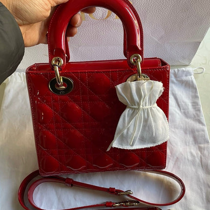 Lady Dior Small Red Patent Leather with Strap-Luxbags