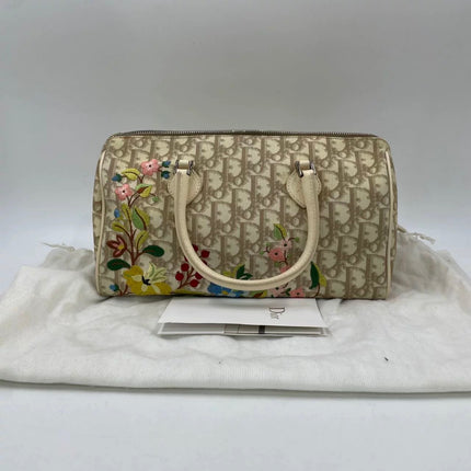 Dior Boston Bowling Bag White Oblique Monogram Canvas With Flower Embroidery