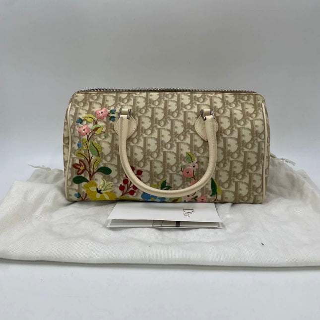 Dior Boston Bowling Bag White Oblique Monogram Canvas With Flower Embroidery