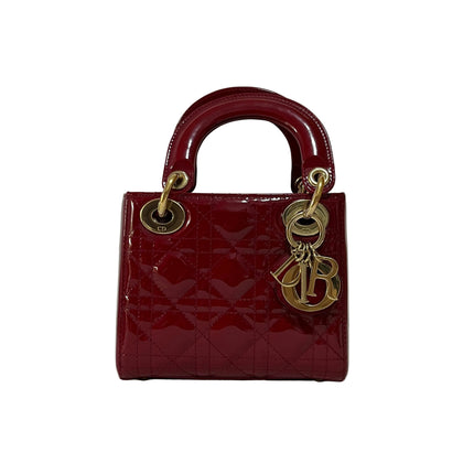 Lady Dior Mini Handbag 2019 Burgundy Red Patent Leather Gold-tone Chain Strap-Luxbags