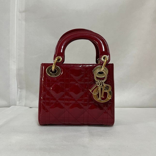 Lady Dior Mini Handbag 2019 Burgundy Red Patent Leather Gold-tone Chain Strap-Luxbags