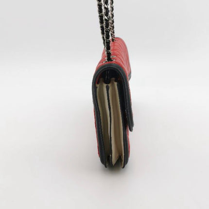 Chanel Baguette Flap Shoulder Bag Lambskin Red and Black Silver Double Chain
