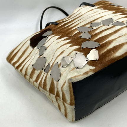 Fendi Brown and White Zebra Print Ponyhair Tote with Metal Plates