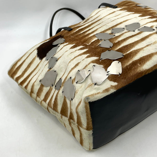 Fendi Brown and White Zebra Print Ponyhair Tote with Metal Plates
