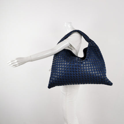 Bottega Veneta Hop Large Leather and Denim Intrecciato Navy Hobo Bag 55cm