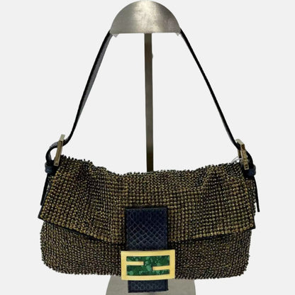 Fendi Baguette Rare Vintage Gold Metallic Beaded Snake-skin Trimmed Shoulder Bag-Luxbags