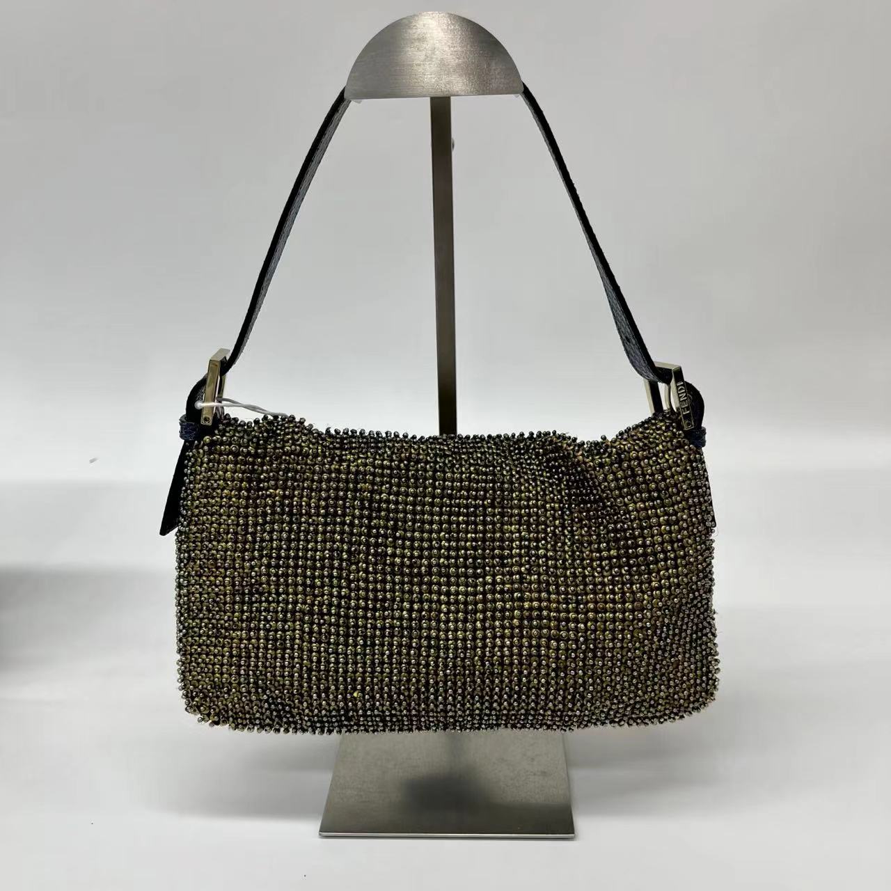 Sold Fendi Baguette Rare Vintage Gold Metallic Beaded Snake-skin Trimmed Shoulder Bag