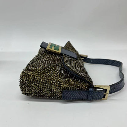 Sold Fendi Baguette Rare Vintage Gold Metallic Beaded Snake-skin Trimmed Shoulder Bag