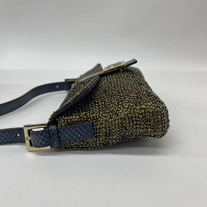 Sold Fendi Baguette Rare Vintage Gold Metallic Beaded Snake-skin Trimmed Shoulder Bag