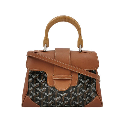 Goyard Saigon Mini Brown Canvas and Leather Wooden Top Handle Crossbody Bag-Luxbags