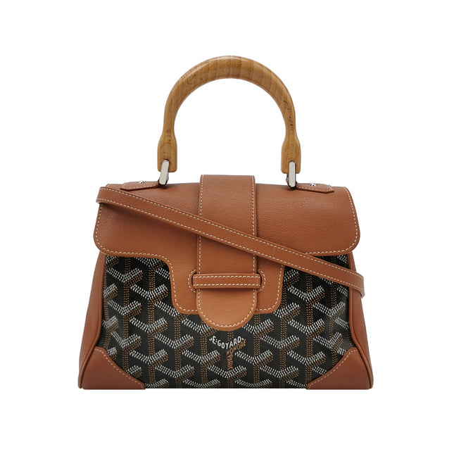 Goyard Saigon Mini Brown Canvas and Leather Wooden Top Handle Crossbody Bag-Luxbags