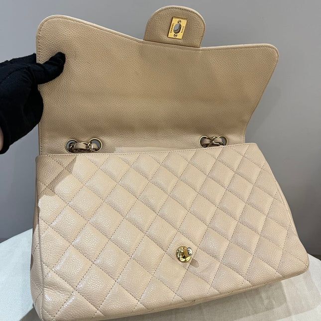 Chanel Classic Flap Jumbo Beige Caviar Leather Single Flap Silver Hardware