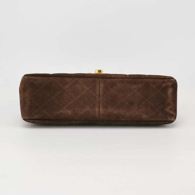 Chanel Classic Flap Maxi Chocolate Brown Suede Leather Giant Gold CC Logo