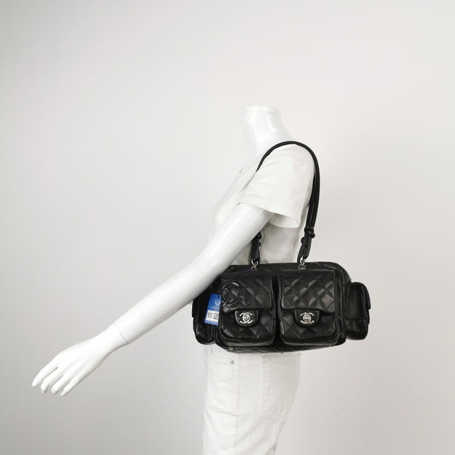 Chanel Cambon Multi-pocket Ligne Reporter Bag Medium Black CC on Black Calfskin Leather