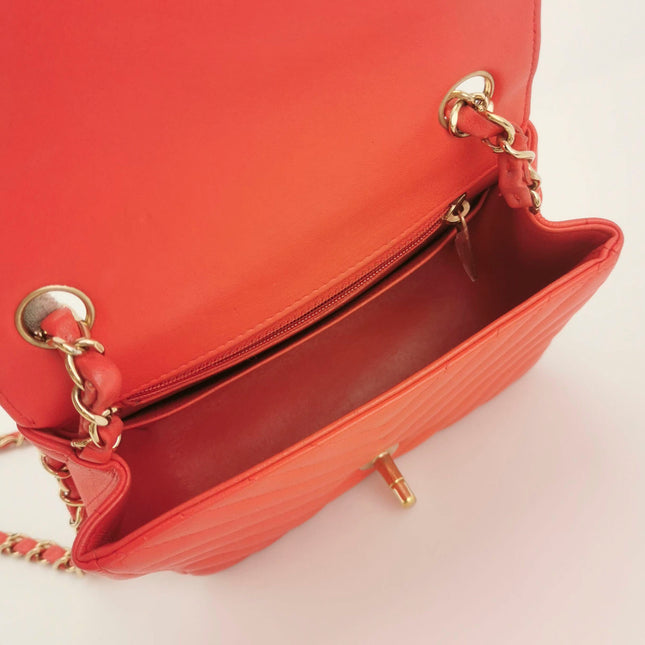 Sold Chanel Classic Flap Square 2019 Coral Orange Chevron Lambskin Leather Bag