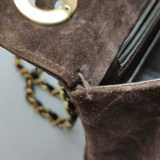 Chanel Classic Flap Maxi Chocolate Brown Suede Leather Giant Gold CC Logo