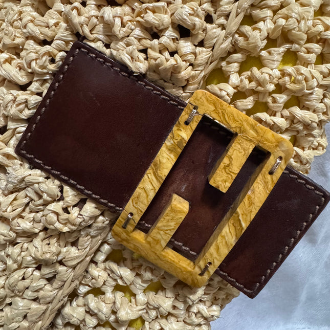 Fendi Baguette Raffia Straw Beige and Brown Leather Shoulder Bag