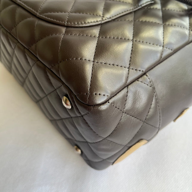 Chanel Cambon Medium Shoulder Bag Brown Calfskin Leather Snake-skin CC Logo Black Double Strap