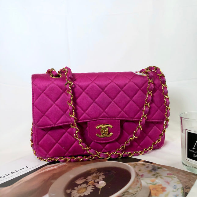 Chanel Classic Flap Medium Vintage Pink Fuchsia Silk Satin with 24k Gold Plated Hardware-Luxbags