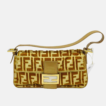 FENDI Baguette Gold FF Monogram Velvet Shoulder Bag-Luxbags