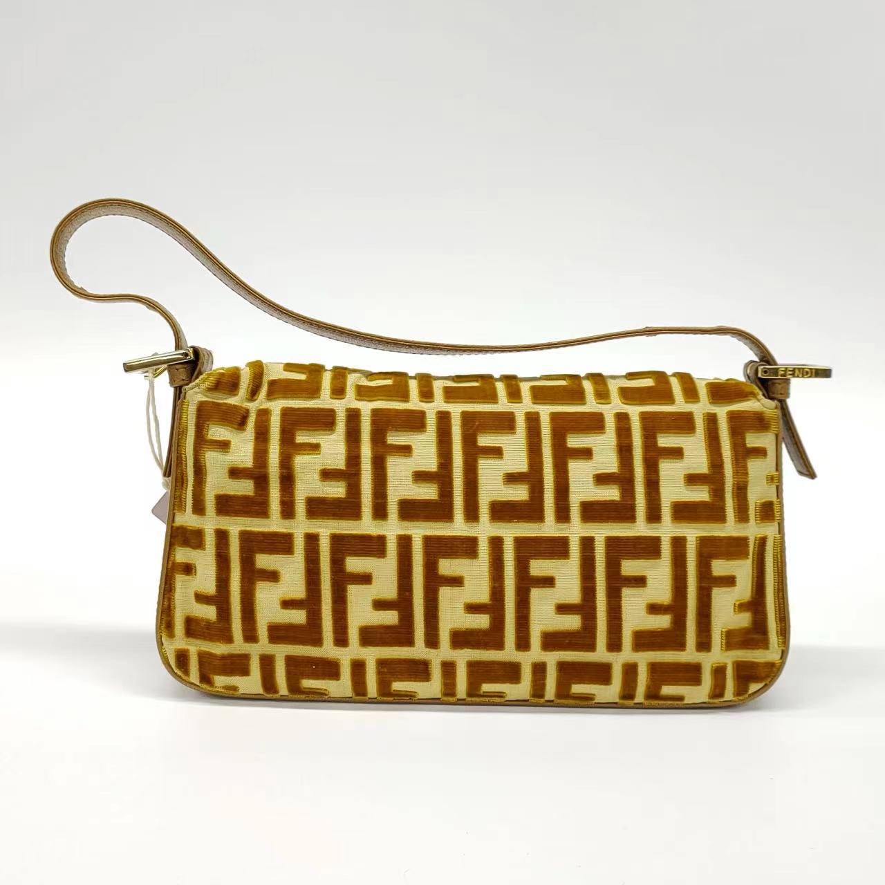 FENDI Baguette Gold FF Monogram Velvet Shoulder Bag