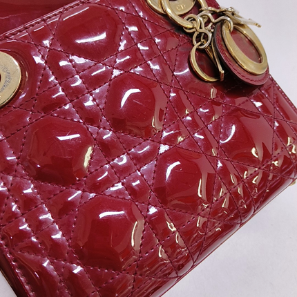 Lady Dior Mini Handbag Burgundy Red Patent Leather Gold-tone Chain Strap