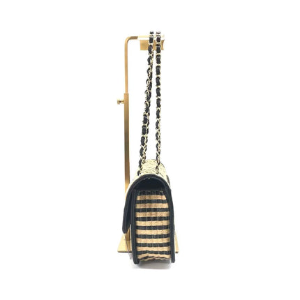 Chanel Medium Raffia Jute Striped Flap Bag Black Diamond Wild Stitch