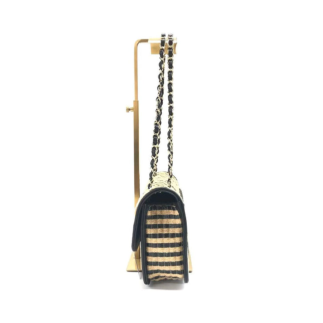 Chanel Medium Raffia Jute Striped Flap Bag Black Diamond Wild Stitch