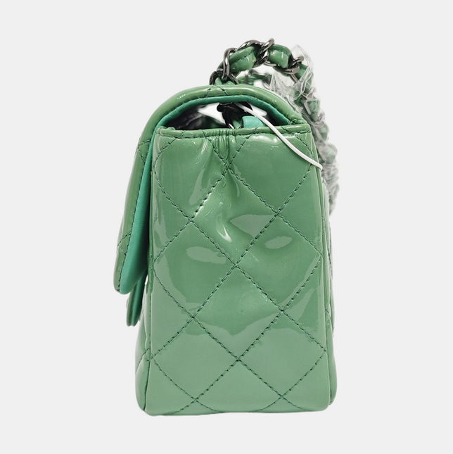 Chanel Classic Flap Mini Square Light Green Patent Leather Silver Hardware