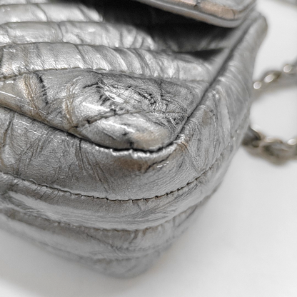 Chanel Classic Flap Mini Rectangular Patent Metallic Crumpled Calfskin Chevron Quilted Silver