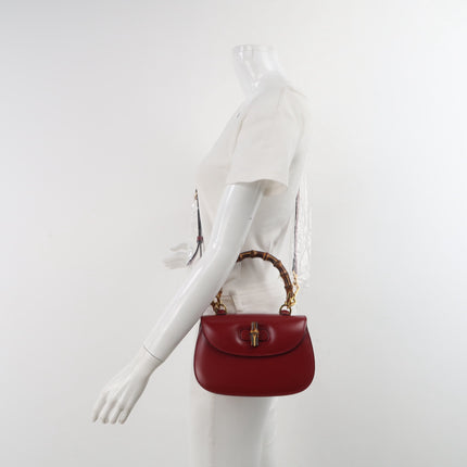 Gucci Bamboo 1947 Small Ancora Red Burgundy Calfskin Leather Top Handle Bag