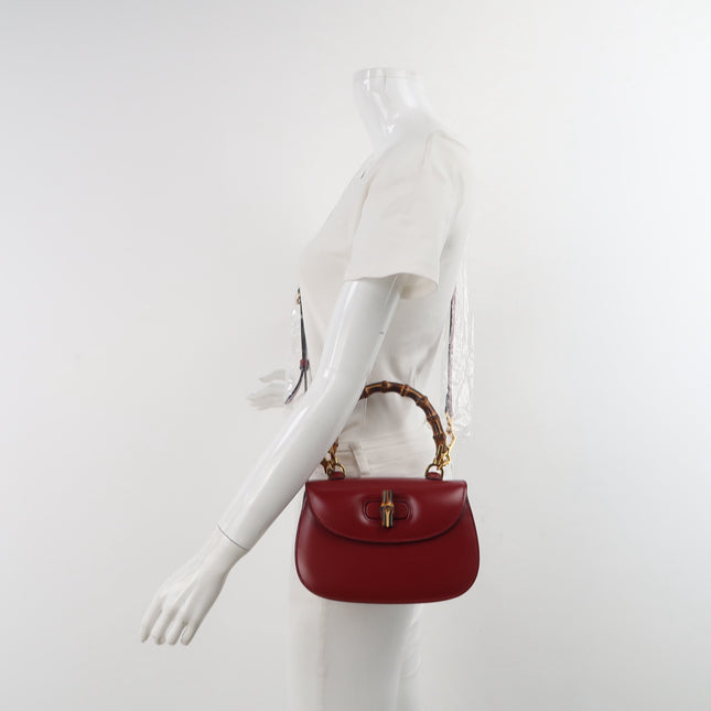 Gucci Bamboo 1947 Small Ancora Red Burgundy Calfskin Leather Top Handle Bag