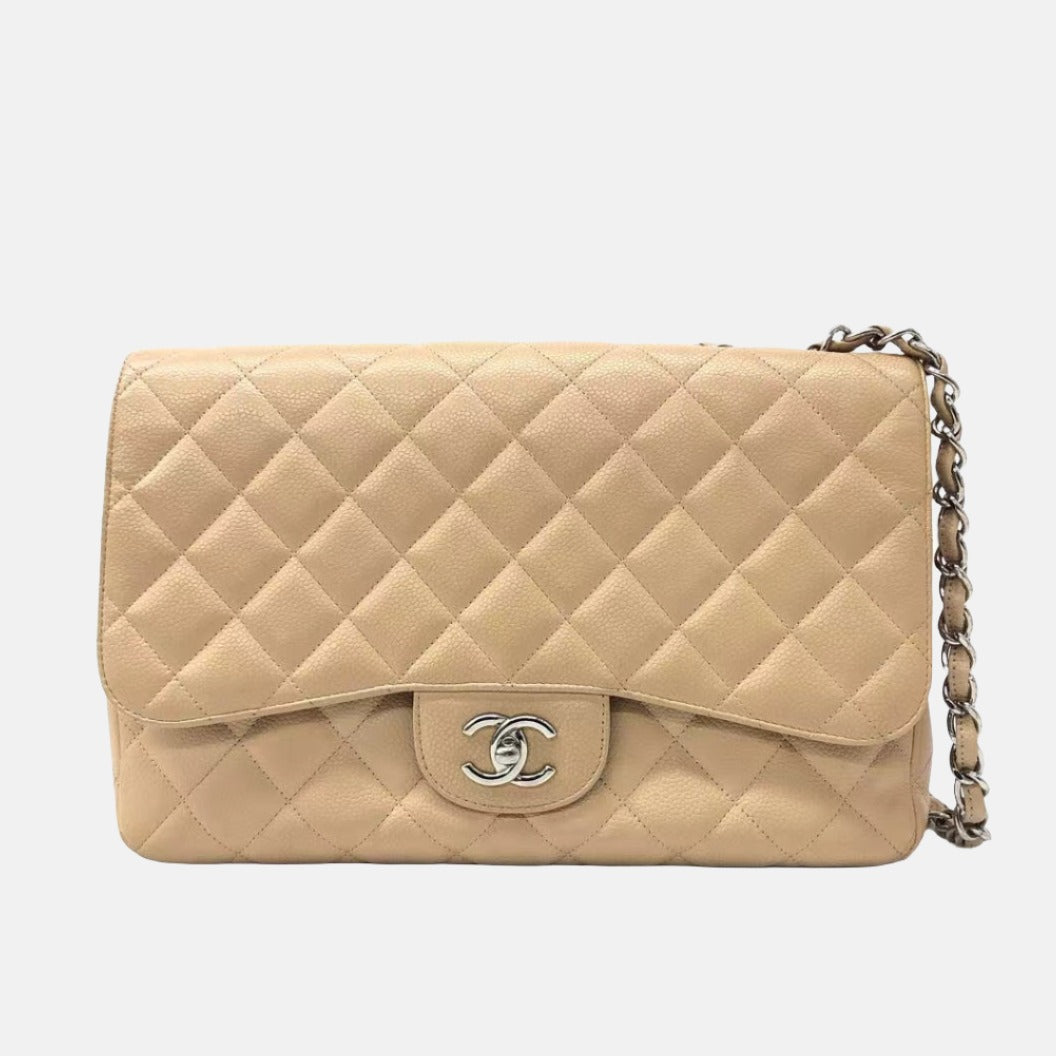 Chanel Classic Flap Jumbo 2009 Beige Caviar Leather Single Flap Silver Hardware-Luxbags