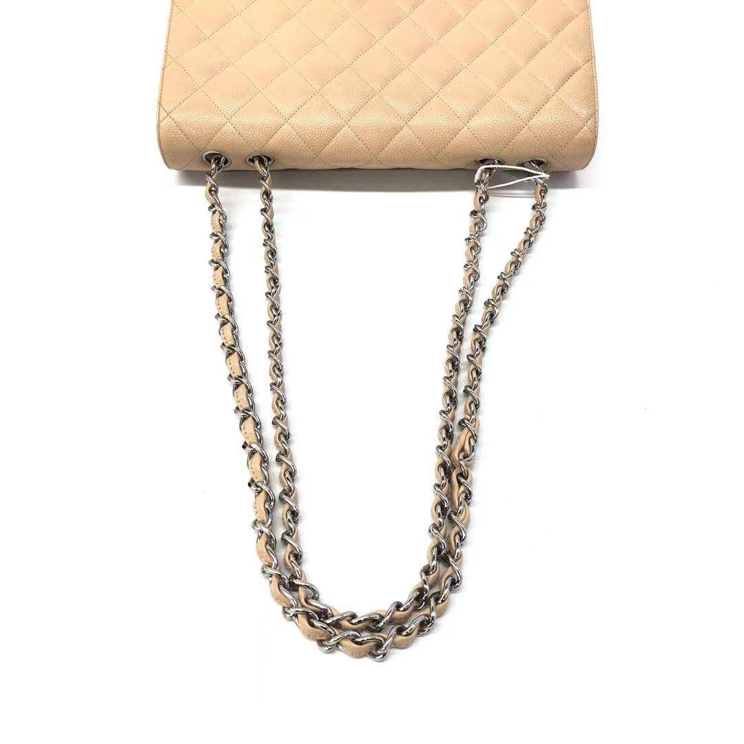 Chanel Classic Flap Jumbo 2009 Beige Caviar Leather Single Flap Silver Hardware