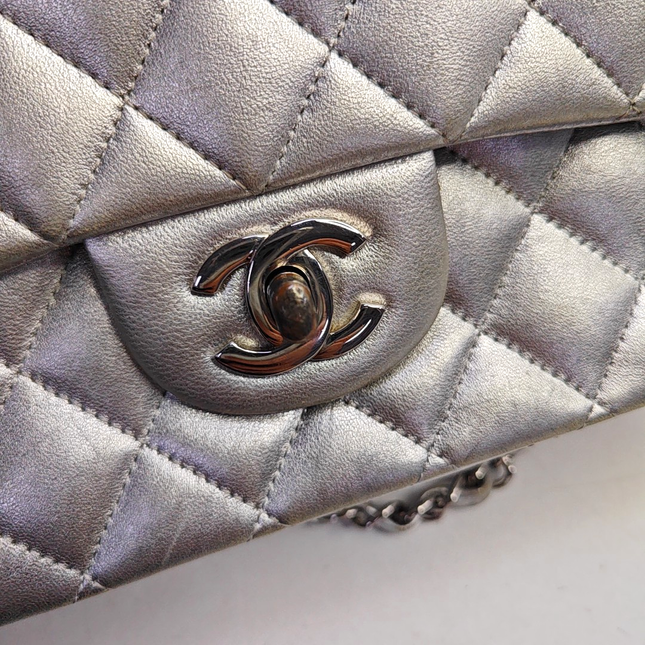 Chanel Classic Flap Medium Silver Lambskin Leather Silver Hardware