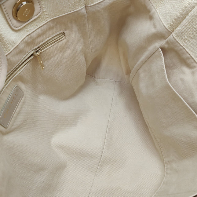 Chanel Deauville Tote Light Beige Stripes Cloth Leather Chain Handle Small 34cm