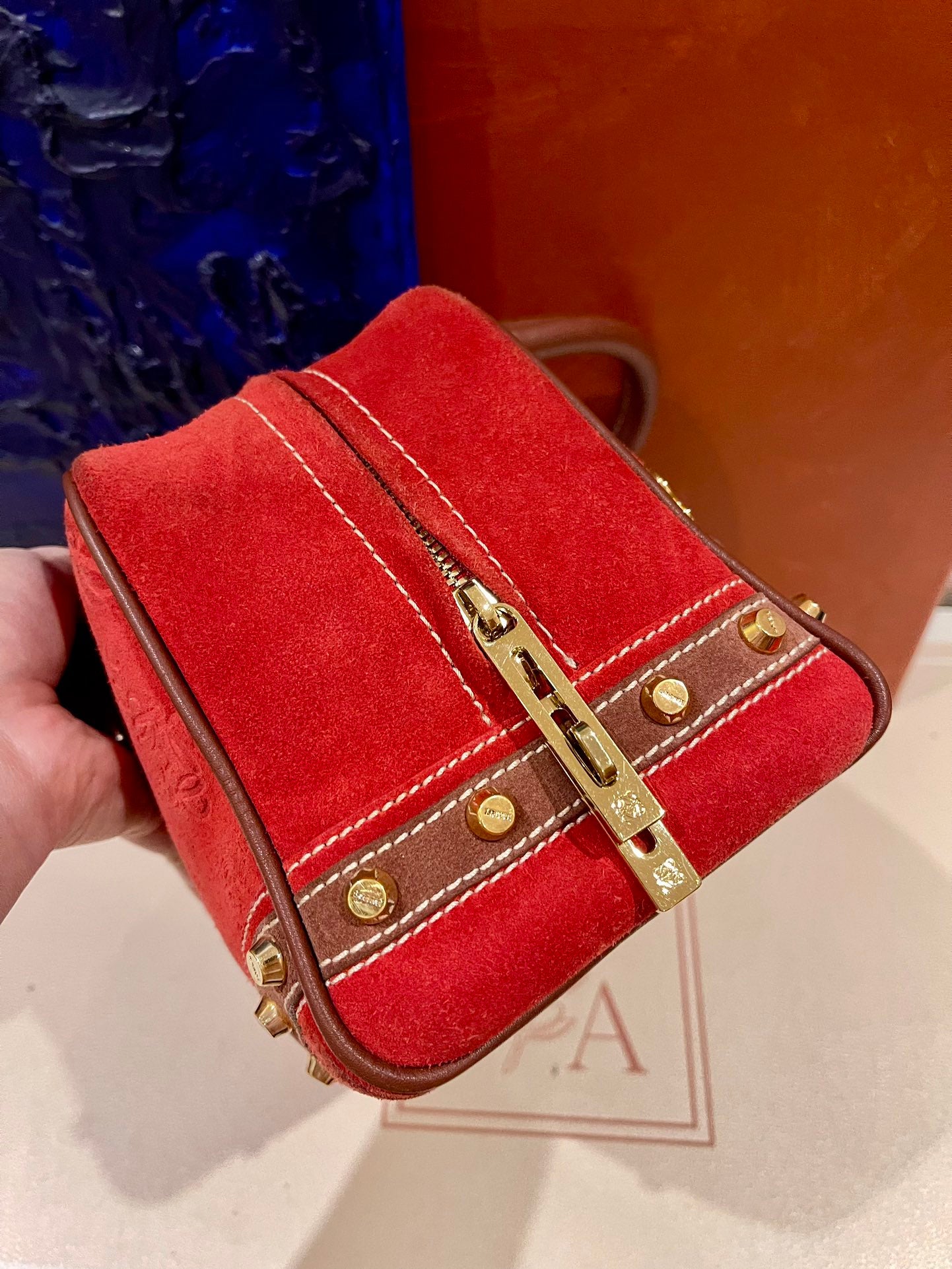 Sold Loewe Amazona 28 160th Anniversary Red Suede Badges Embellished Handbag