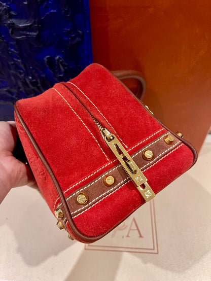 Sold Loewe Amazona 28 160th Anniversary Red Suede Badges Embellished Handbag