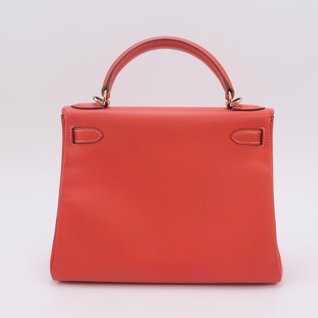 Hermes Kelly 28 Retourne Calfskin Leather Rose Exterior Brown Interior Gold Hardware Double Ring