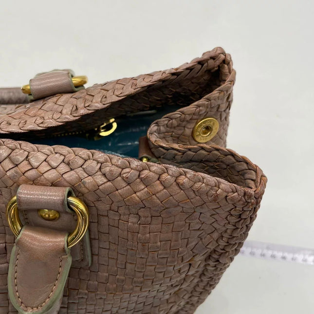 Prada Madras Brown Woven Leather Top Handle Shopping Tote Medium