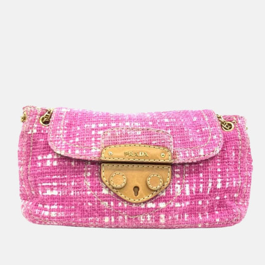 Prada Pink Sound Lock Tweed Shoulder Bag-Luxbags