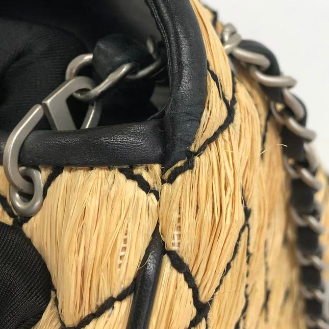 Chanel Medium Straw Wicker Flap Bag Black Diamond Wild Stitch