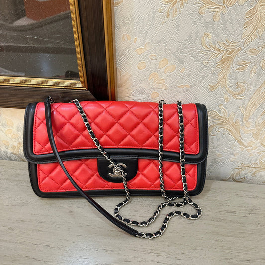 Chanel Baguette Flap Shoulder Bag Lambskin Red and Black Silver Double Chain-Luxbags