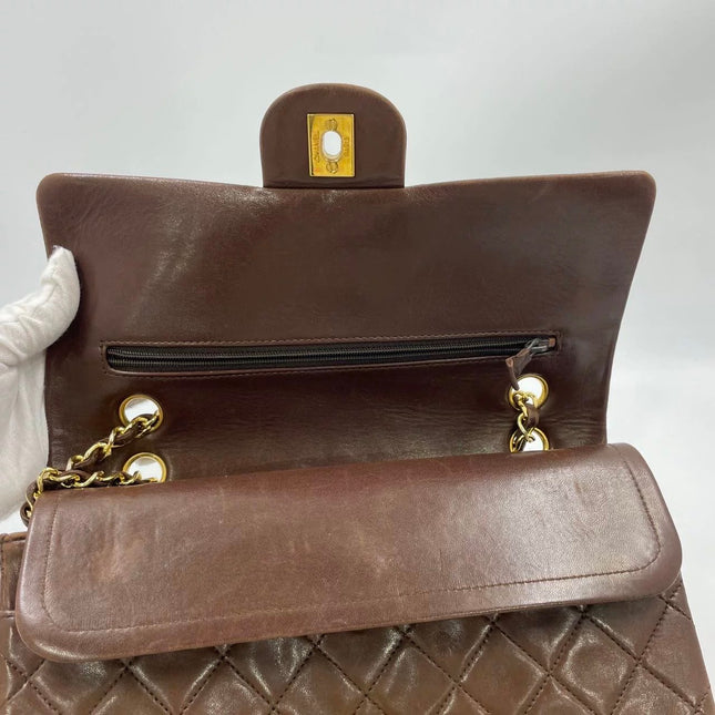 Chanel Classic Flap Rare Vintage Medium Brown Lambskin Leather 24k Gold Hardware 1989-1991