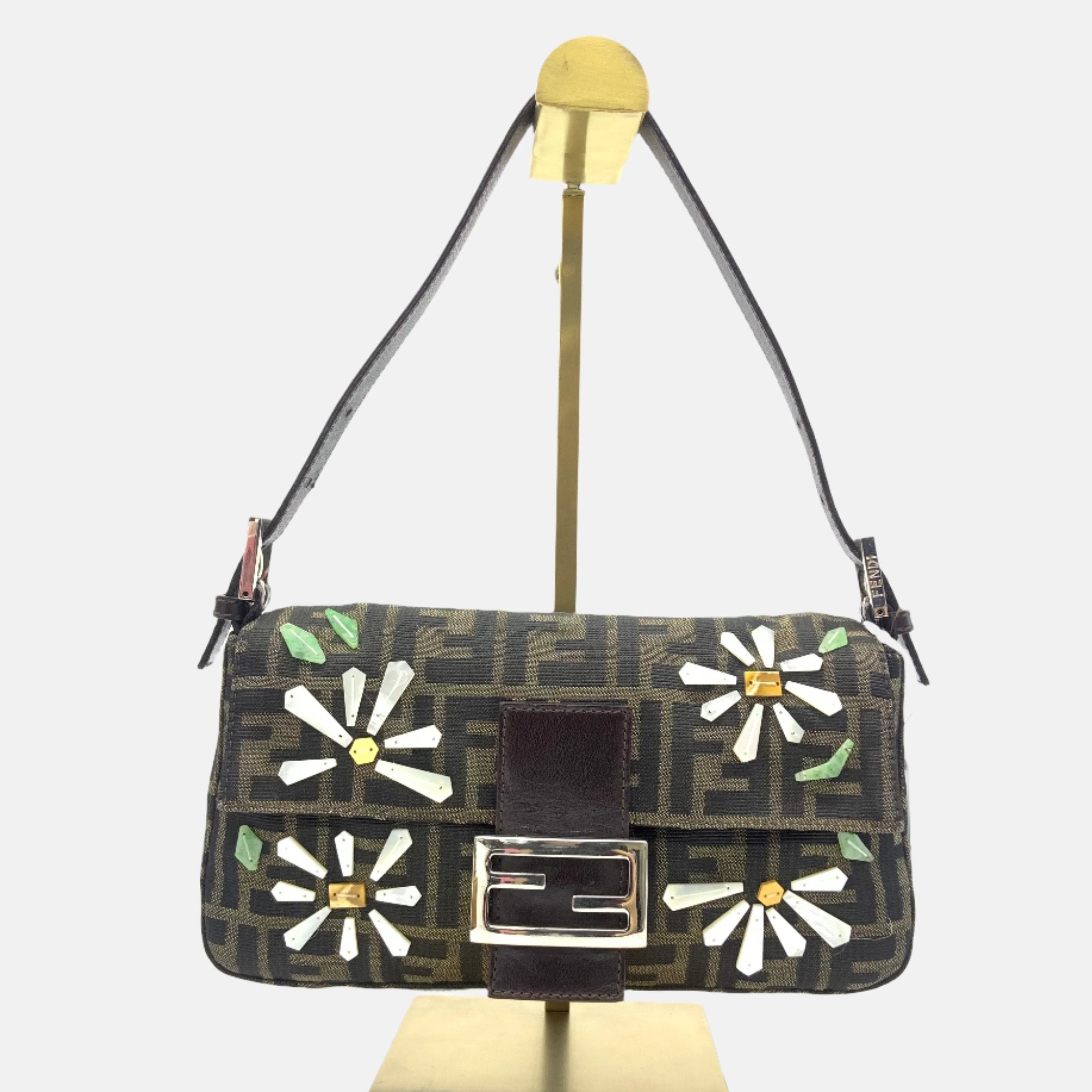 Fendi Baguette Zucca Monogram with Shell Floral Embroidery Luxbags