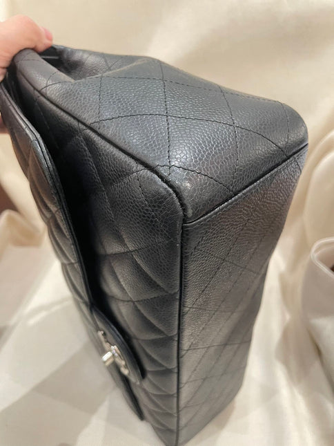 Chanel Classic Flap Maxi Black Caviar Leather Double Flap Sliver Hardware