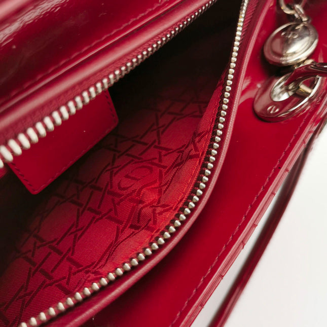 Sold Lady Dior Medium Red Burgundy Patent Leather Handbag Silver Hardware