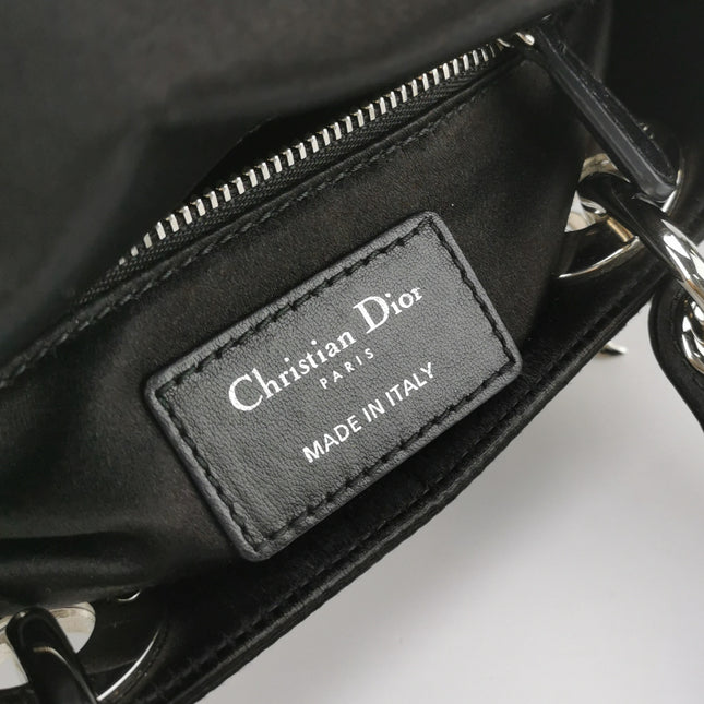 Lady Dior Mini Black Silk with Crystals Silver Hardware